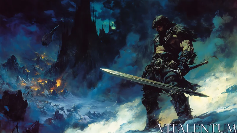 Lone barbarian warrior pauses before a burning dark citadel.