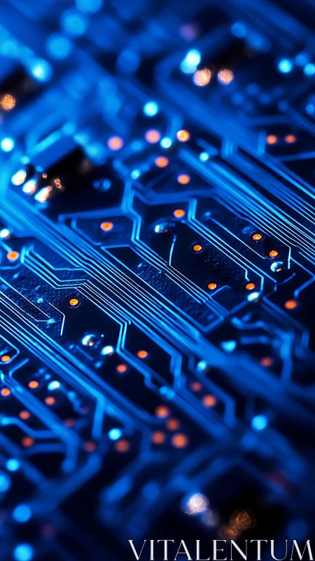 Close-up view of illuminated blue electronic circuit board.