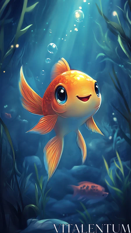 Cartoon goldfish underwater with volumetric light rays