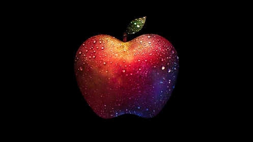 Rainbow apple silhouette glows with dewy water droplets.
