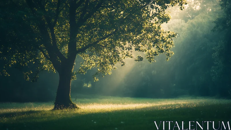 Majestic tree in morning sunlight, tranquil nature landscape photo.