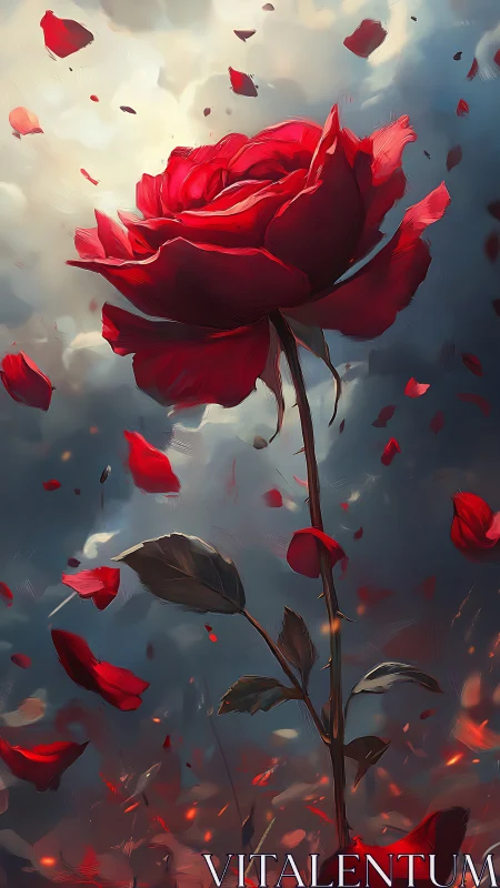 Stormlit crimson rose rising through falling embers and sky.
