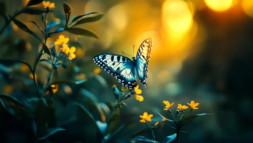 Backlit butterfly on yellow blossoms under shallow depth-of-field glow
