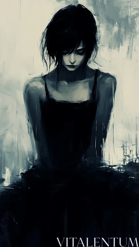Melancholic woman in monochrome brushwork portrait study.