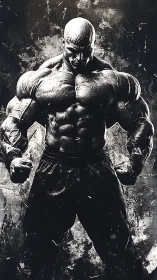 Muscular bald man in powerful bodybuilding stance artwork.