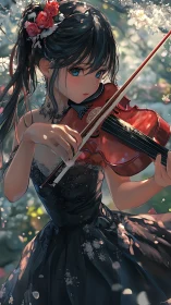 Girl in black dress holds violin in softly lit garden