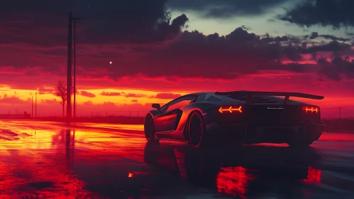 Supercar prowls a neon-soaked highway under stormy sunset skies