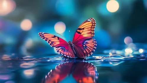 Vibrant monarch butterfly glows above neon rippling water.