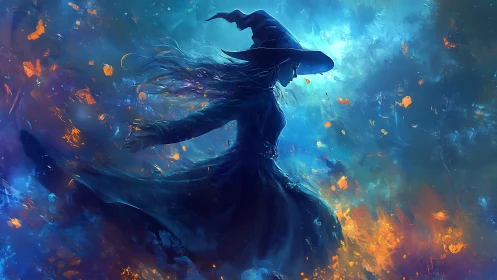 Solitary witch silhouette amid blue and orange magic.