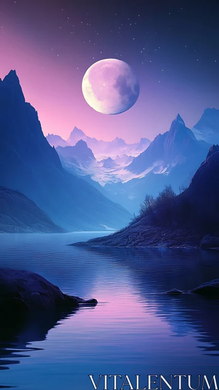 Large moon illuminates layered mountains above reflective lake