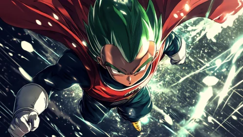 Green haired anime hero charging upward in dynamic flight.