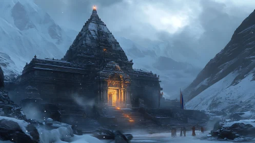 Golden mountain temple glowing against a quiet winter storm.