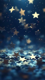 Metallic star confetti is suspended above a blurred surface