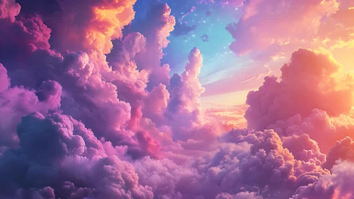Iridescent volumetric clouds merge in a hyper-saturated sky