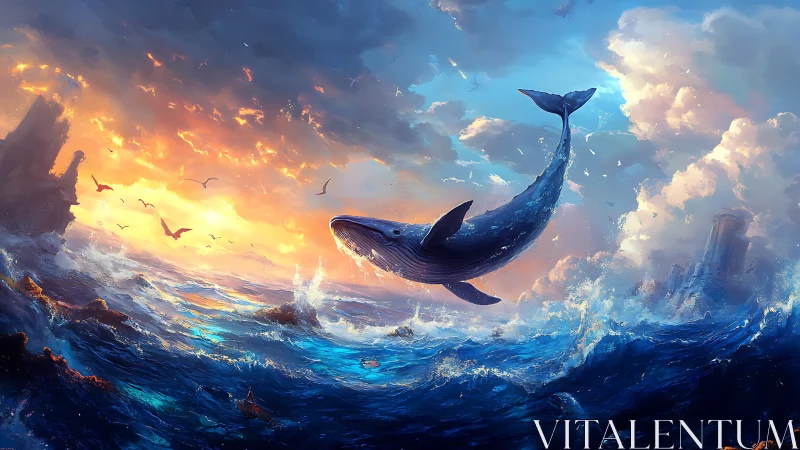 Majestic whale leaps through glowing stormlit ocean sky