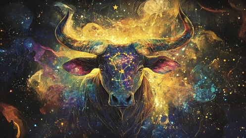 Cosmic bull portrait with glowing nebula background.