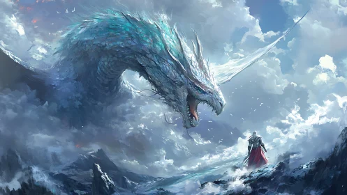 Colossal ice dragon confronting lone armored figure in clouds.