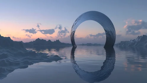 Metallic ring portal over calm reflective water at sunset