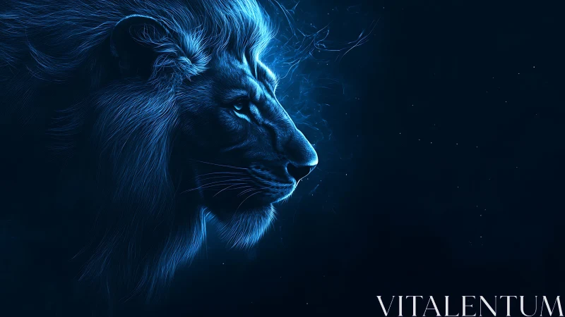 Neon blue lion profile on dark abstract cosmic background.