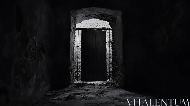 Stone tunnel doorway in stark monochrome chiaroscuro study.