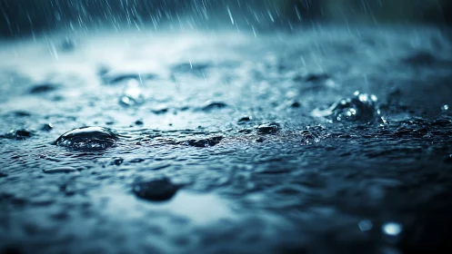 Close-up storm rainfall creating ripples on dark water surface.