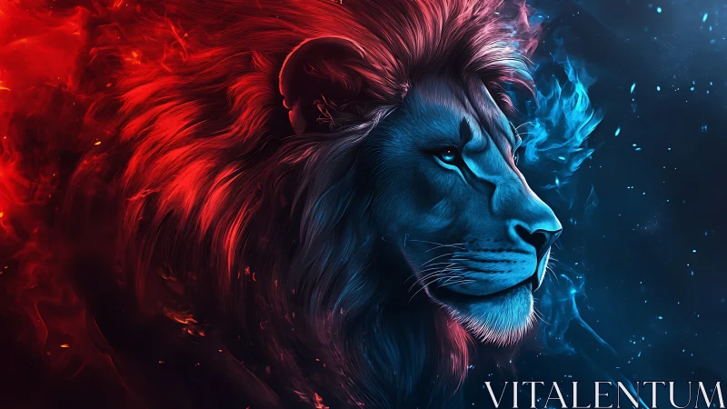Elemental lion portrait in dual red and blue flame light.