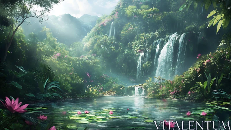 Dreamy waterfall lagoon wrapped in soft emerald jungle light.