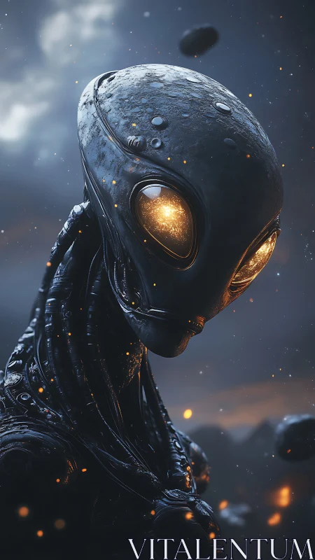 Gentle cosmic android gazing with warm starlit eyes.