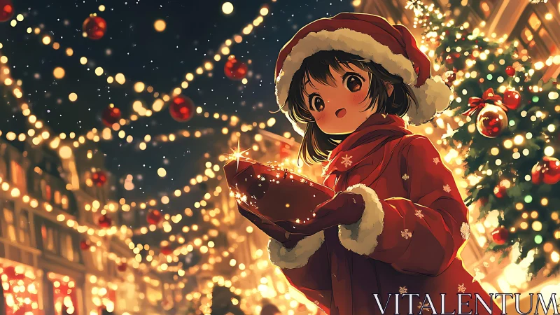 Child in red winter clothing holds illuminated object outside