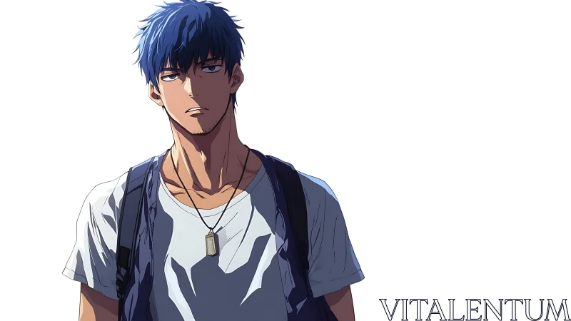 Stoic blue haired student stands under sharp side light.