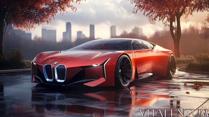 Red BMW concept supercar on wet autumn city street.