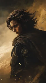 Desert warrior portrait amid swirling sandstorm dusk.