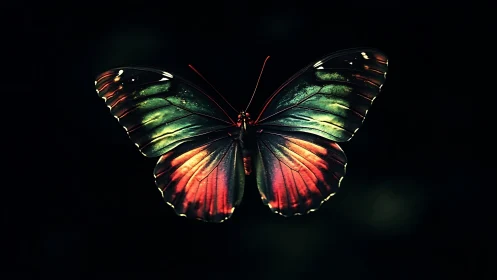 Colorful butterfly with glowing wings on dark background.
