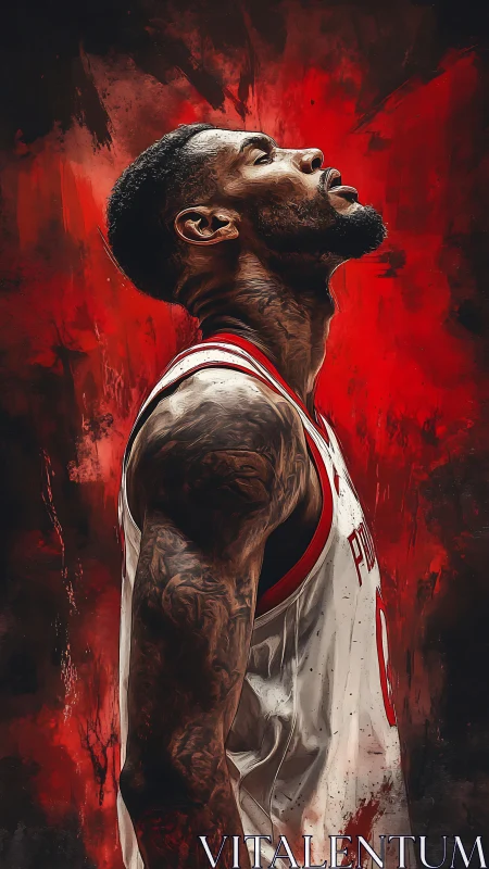 Basketball player rendered in profile against abstract red field