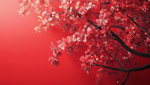 Red Cherry Blossoms Against Vibrant Background.