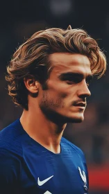 Focused male soccer player in blue national team jersey.