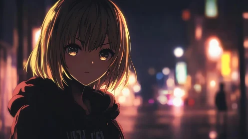 Moody blond anime teen in hoodie under neon night bokeh