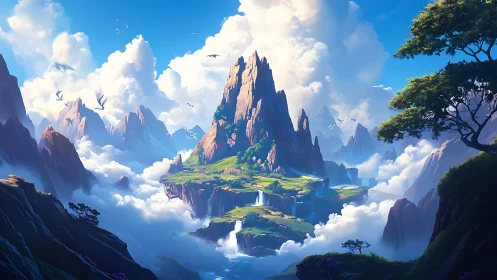 Skyborne valley of waterfalls crowned by towering emerald peaks.