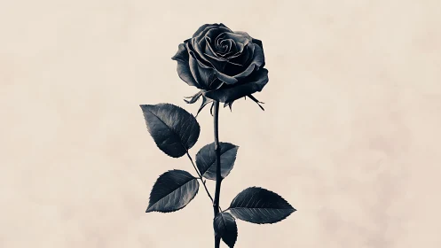Monochrome rose stem with leaves on plain neutral ground.