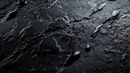 Dark textured surface holds glossy liquid droplets in focus