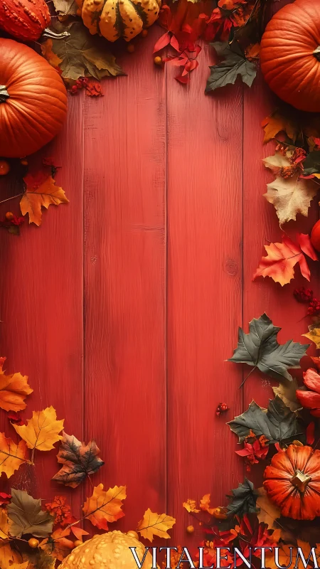 Autumn pumpkins and foliage framing vertical red wood background