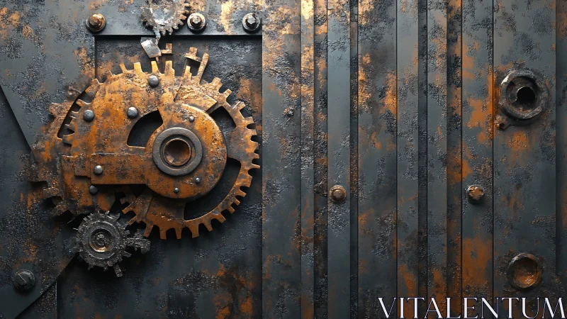 Rusty industrial gears on a corroded metal panel.