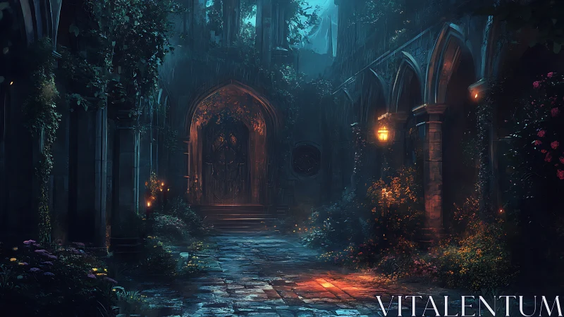 Gothic courtyard gateway under moody cinematic lantern glow.