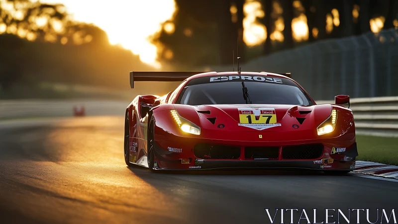 Low-slung GT race car exits apex under warm backlit sunset glow