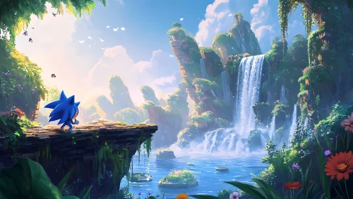 Blue hedgehog stands on rocky ledge overlooking bright waterfalls