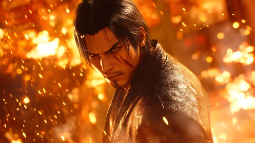 Scarred fire-walker glare amid golden embers in revolt.