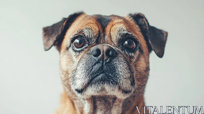 Soulful senior dog portrait in soft neutral lighting.