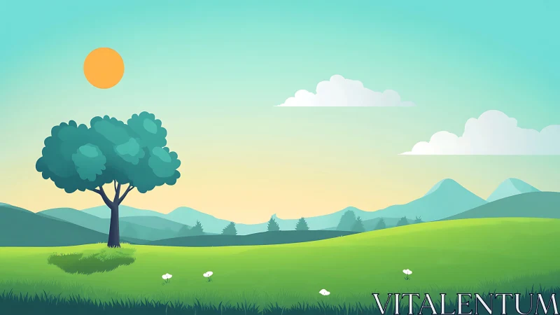 Minimalist sunrise landscape illustrates stylized depth gradients