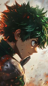 Heroic green-haired anime warrior stands amid falling embers.