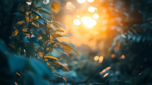 Lush foliage in soft focus with warm dreamy sunlight glow.